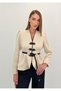 Avelina Belted Blazer with Belt Detail and Contrast Trims, Paired with Pants—Cream and Black Suit - 8