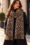 Milan | Women's Winter Shawl 66x195 cm | Taupe Color and Black Zebra-Print Oversized Tasseled Shoulder Shawl - 4