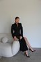 Premium Long Black Maxi Dress with a V-Neck, Deep Slit, Padded Shoulders, and Button Details with Collar Detail - 4