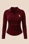 Point Burgundy Glittery Sequin Polo Collar Corded Fabric Stretch Embroidered Premium Ruched Long-Sleeve Blouse