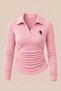 Point Pink Glittery Sequin Polo Collar Corded Fabric Stretch Embroidered Premium Ruched Long-Sleeve Blouse