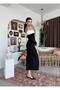 Women's Black and White Madonna Collar Long Stretch Dress - 3