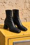 Women's Black Square Toe Leather Plain Chunky Thick heel Side-Zip Closure Stretch Boots