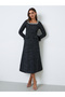Black Tweed-Look Midi Dress with Faux Feather Cuffs - 3