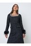 Black Tweed-Look Midi Dress with Faux Feather Cuffs - 2