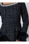 Black Tweed-Look Midi Dress with Faux Feather Cuffs - 4