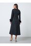 Black Tweed-Look Midi Dress with Faux Feather Cuffs - 5
