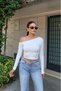 Scuba Fabric Blouse with Drop-Shoulder Sequined Shoulder Details, White - 2
