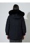 Black Longline Regular Fit Padded Coat with Faux Fur Hood - 5