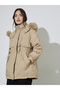 Beige Longline Regular Fit Padded Coat with Faux Fur Hood - 3