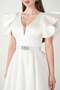 Taffeta Fabric Shoulder Flounce Midi Dress - White - 4