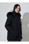 Black Longline Regular Fit Padded Coat with Faux Fur Hood - 3