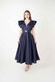 Taffeta Fabric Shoulder Flounce Midi Dress - Dark Blue - 4