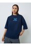 Navy Blue Slogan Print Oversized Cotton T-Shirt - 3