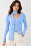 Blue v-neck long-sleeved blouse with scarf detail. - 3
