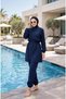 Navy Blue, Elastic-Waisted, Water-Repellent Fabric, 3-Piece Fully Covered Modest Swimwear Hijab Burkini