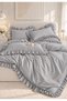 DOUBLE-SIZE LIGHT GRAY RUFFLED BED SPREAD AND 2 PILLOWCASES