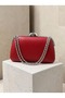 Red Matte Leather Chain Strap Women's Evening Clutch Purse with Silver Accents for Weddings and Engagements - 3