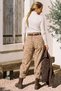 Italian Beige Pants with Pockets, Belt, Elastic Waist, and Elasticated Hem, Jacquard Woven Pants 94 70 - 7