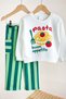 Unisex Kids' Cotton "Pasta" Print Sweatshirt and Green Striped Top and Bottom Set - 3