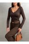 Women's V-Neck Long-Sleeve Bodysuit, Brown – Micro Suprem Fabric, Body-Hugging Fit, Simple Design - 4