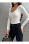 Women's V-Neck Long-Sleeve Bodysuit, Ecru – Micro Suprem Fabric, Body-Hugging Fit, Snap-Fastened Closure at the Bottom - 3