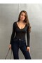 Women's V-Neck Long-Sleeve Bodysuit, Black – Micro Suprem Fabric, Body-Hugging Fit, Snap-Fastened Closure at the Bottom - 4