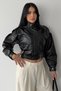 Women's Belted Oversized Cropped Faux Leather Jacket with Mock Neck and Puffed Sleeves - 6