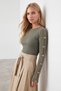 Women's Green Crew Neck Blouse with Gold Button Sleeve Detail by Ottoban Alc-X14336