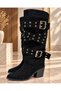 Women's Black Suede Boots with Gold Buckle Detail - 5