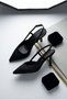 Wiev Women's Heeled Shoes, Stiletto Heel, Side Strap, Black Satin - 3