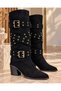 Women's Black Suede Boots with Gold Buckle Detail - 4