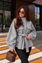Women's Oversized Jacket with Belted Design, Mock Neck, Button Detail, and Pocket Detail