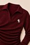 Point Burgundy Glittery Sequin Polo Collar Corded Fabric Stretch Embroidered Premium Ruched Long-Sleeve Blouse - 2