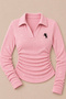 Point Pink Glittery Sequin Polo Collar Corded Fabric Stretch Embroidered Premium Ruched Long-Sleeve Blouse - 4