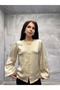 Women's Satin Embellished Button-Down Balloon-Sleeve Crew Neck Blouse SUN670 - 3