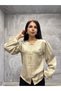 Women's Satin Embellished Button-Down Balloon-Sleeve Crew Neck Blouse SUN670 - 2