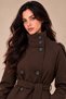 Women's Dark Coffee-Colored Short Melton Coat with Mock Neck, Belt, Buttons, and Lining—Winter Jacket - 3