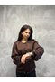 Women's Satin Embellished Button-Down Balloon-Sleeve Crew Neck Blouse SUN670 - 5