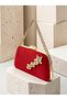 Women's Evening Clutch Bag with Red Stone, Satin, and Gold Accents, Chain Strap—Perfect for Weddings and Engagements