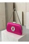 Fuchsia Pink Satin Clutch Bag with Gemstones and Silver Accents, Chain Strap, for Women—Evening Wear, Weddings, and Engagements - 3