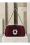 Burgundy Stone-Embellished Satin Clutch Bag with Silver Accents and Chain Strap for Women—Wedding and Engagement - 3
