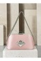 Powder Pink Satin Clutch Bag with Stone-Embellished Design and Silver Accents, Chain Strap, for Women—Evening Wear, Weddings, and Engagements - 3