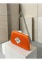 Women's Evening Clutch Bag with Orange Stones, Satin, and Silver Accents, Chain Strap—Perfect for Weddings and Engagements - 2