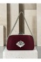 Burgundy Stone-Embellished Satin Clutch Bag with Silver Accents and Chain Strap for Women—Wedding and Engagement - 3