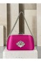 Fuchsia Pink Satin Clutch Bag with Gemstones and Silver Accents, Chain Strap, for Women—Evening Wear, Weddings, and Engagements - 2