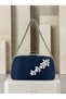 Navy Blue Satin Clutch Bag with Gemstones and Silver Accents, Chain Strap, for Women—Evening Wear, Weddings, and Engagements - 3