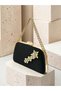Women's Evening Clutch Bag with Black Stone, Satin, and Gold Accents, Chain-Accented Design with Chain Strap—Perfect for Weddings and Engagements - 3