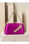 Fuchsia Pink Stone-Embellished Satin Clutch Bag with Gold Accents and Chain Strap for Women—Evening Wear, Weddings, and Engagements - 3