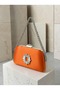 Women's Evening Clutch Bag with Orange Stones, Satin, and Silver Accents, Chain Strap—Perfect for Weddings and Engagements - 3